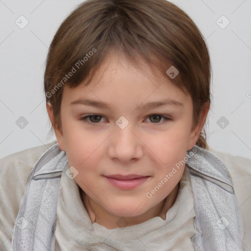 Joyful white child female with medium  brown hair and brown eyes