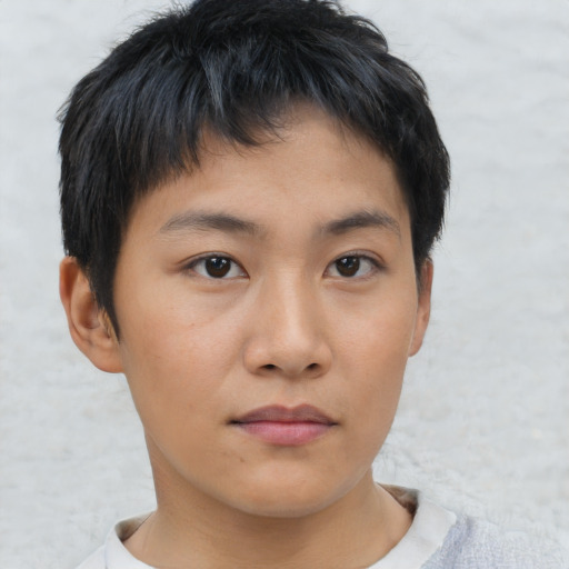Neutral asian young-adult female with short  black hair and brown eyes