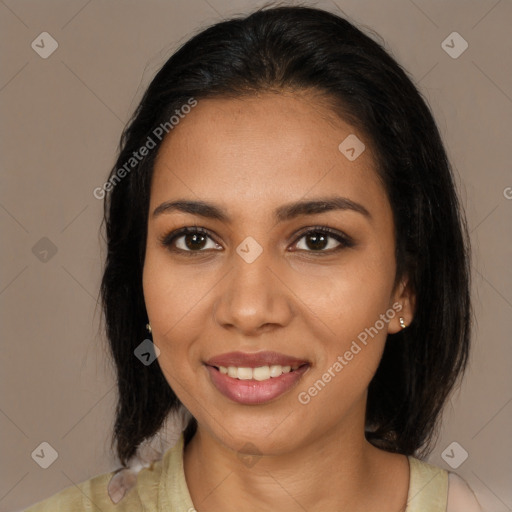 Joyful latino young-adult female with medium  black hair and brown eyes