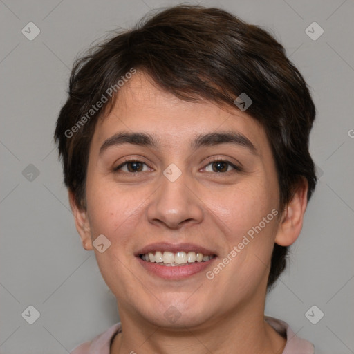 Joyful white young-adult female with short  brown hair and brown eyes