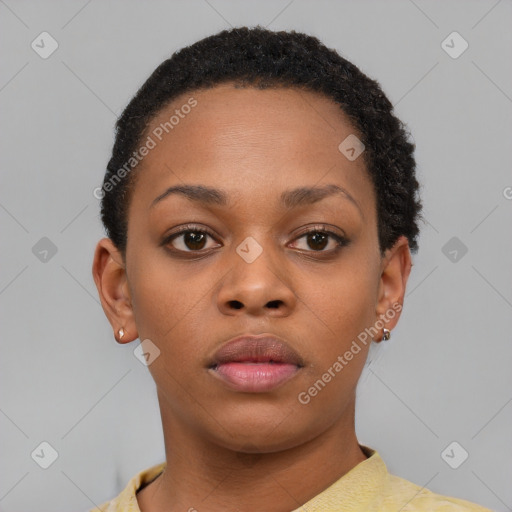 Neutral black young-adult female with short  brown hair and brown eyes