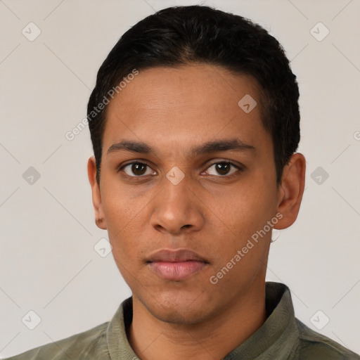 Neutral latino young-adult male with short  black hair and brown eyes