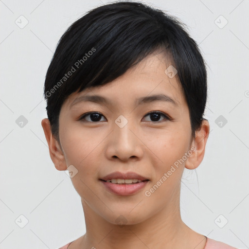 Joyful asian young-adult female with short  black hair and brown eyes