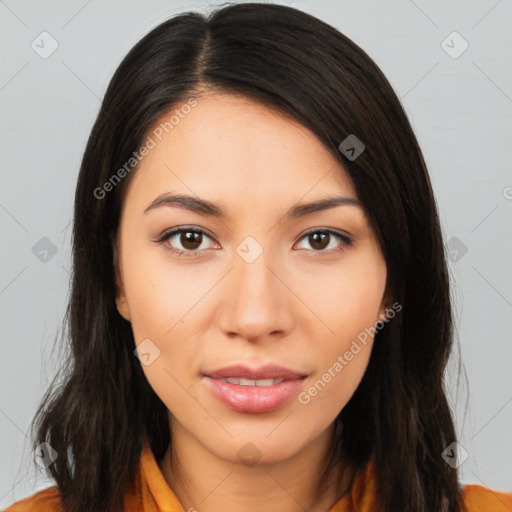 Joyful asian young-adult female with long  brown hair and brown eyes