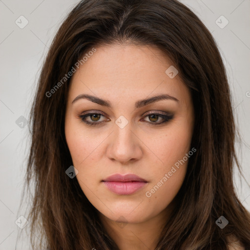 Neutral white young-adult female with long  brown hair and brown eyes