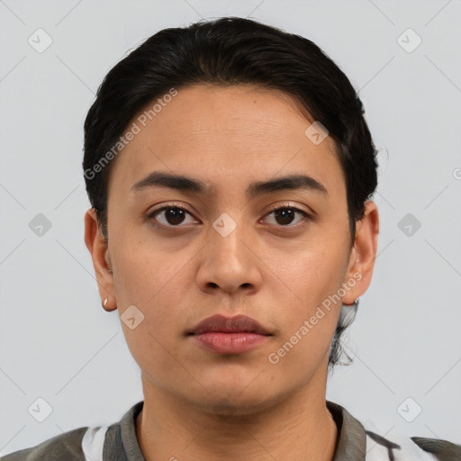 Neutral asian young-adult male with short  brown hair and brown eyes