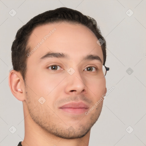 Neutral white young-adult male with short  brown hair and brown eyes