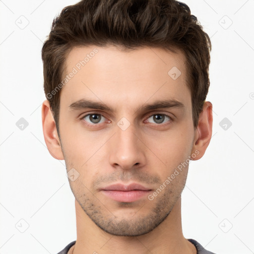 Neutral white young-adult male with short  brown hair and brown eyes