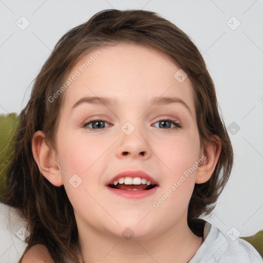 Joyful white child female with medium  brown hair and grey eyes