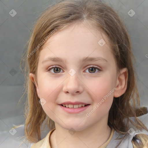 Joyful white child female with medium  brown hair and brown eyes