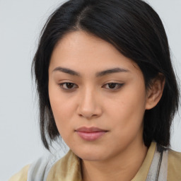 Neutral asian young-adult female with medium  black hair and brown eyes