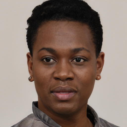 Neutral black young-adult female with short  black hair and brown eyes