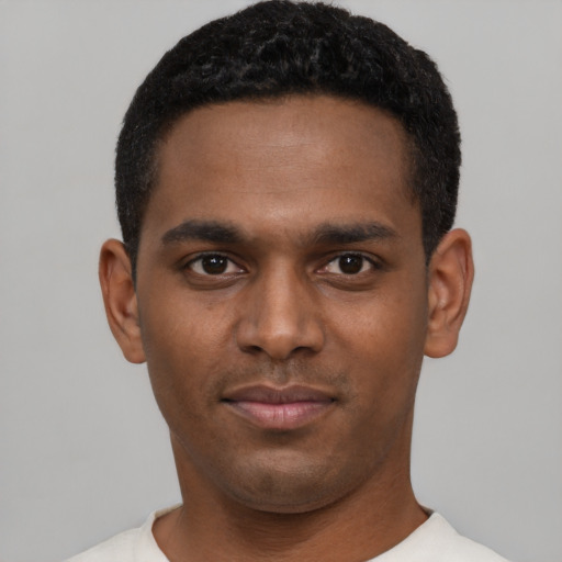Neutral black young-adult male with short  black hair and brown eyes