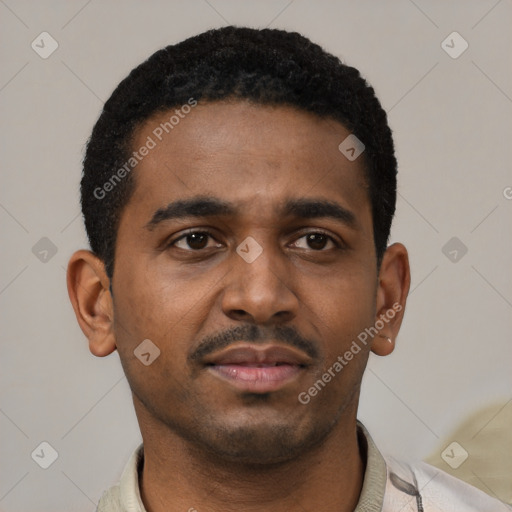 Neutral latino young-adult male with short  black hair and brown eyes