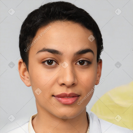 Joyful latino young-adult female with short  brown hair and brown eyes