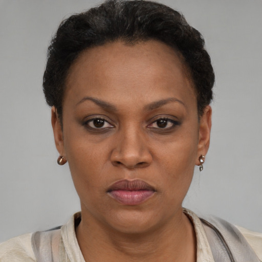 Joyful black adult female with short  brown hair and brown eyes