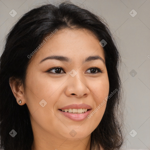 Joyful asian young-adult female with long  brown hair and brown eyes