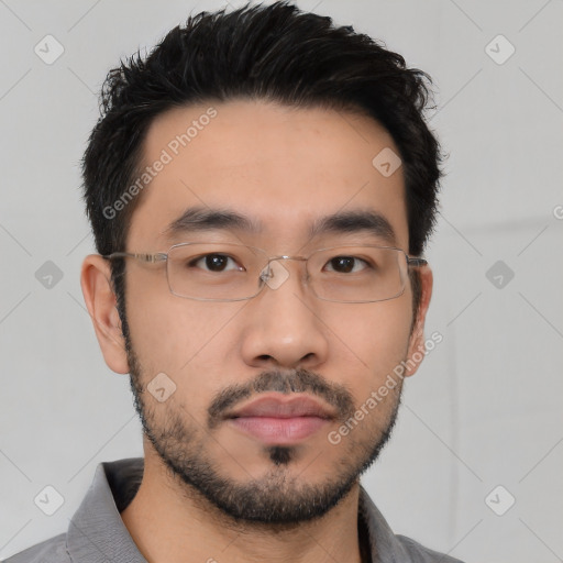 Neutral asian young-adult male with short  black hair and brown eyes