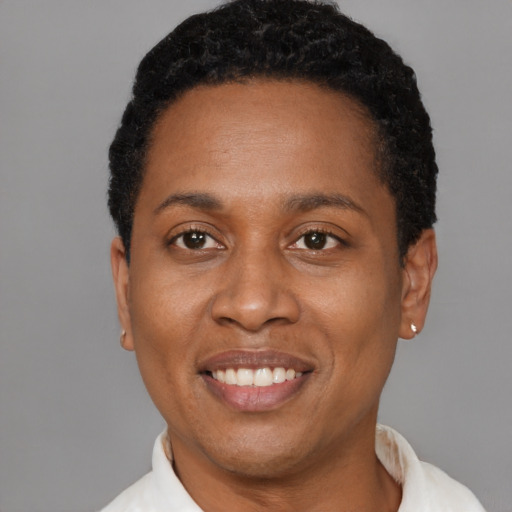 Joyful black adult female with short  black hair and brown eyes