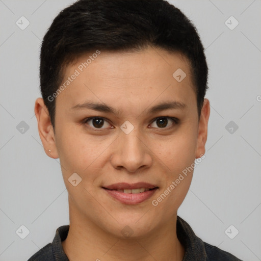 Joyful white young-adult female with short  brown hair and brown eyes