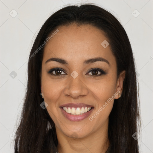 Joyful latino young-adult female with long  brown hair and brown eyes