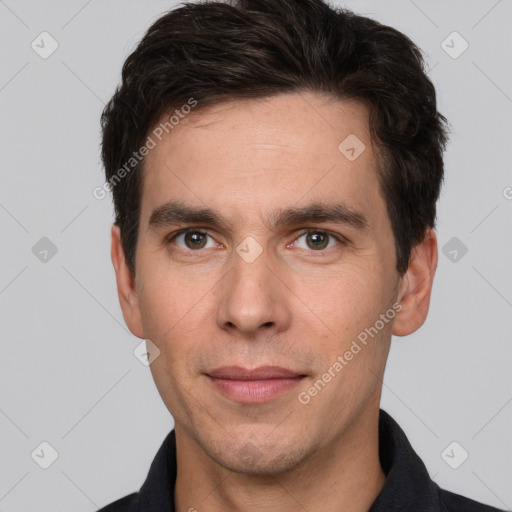 Neutral white adult male with short  brown hair and brown eyes