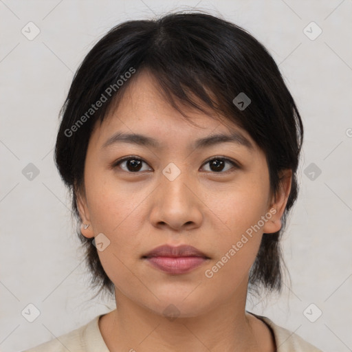 Neutral asian young-adult female with medium  brown hair and brown eyes