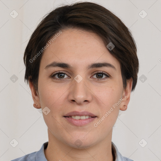 Joyful white young-adult female with short  brown hair and brown eyes