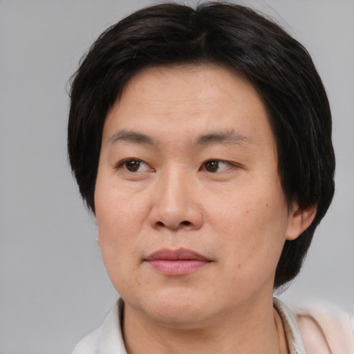 Joyful asian adult female with short  brown hair and brown eyes