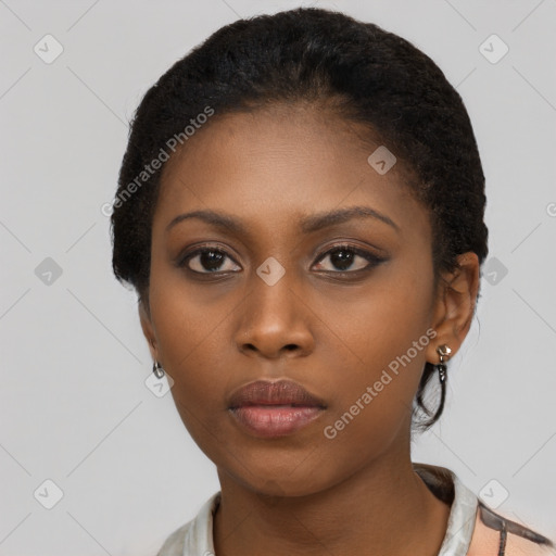 Neutral black young-adult female with short  brown hair and brown eyes