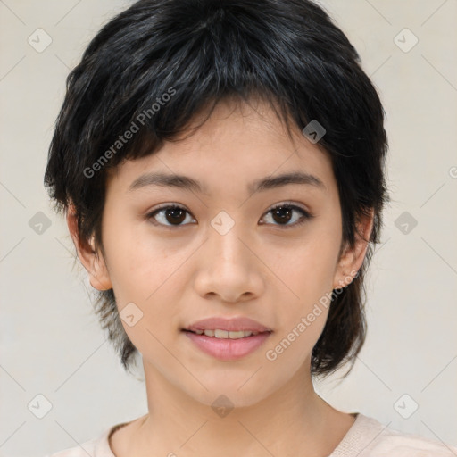 Joyful asian young-adult female with medium  black hair and brown eyes