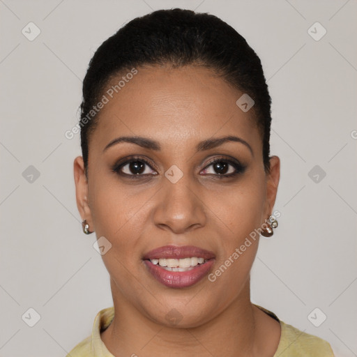 Joyful latino young-adult female with short  brown hair and brown eyes