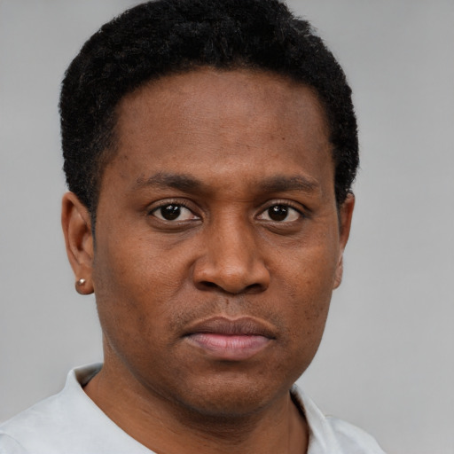 Neutral black young-adult male with short  black hair and brown eyes