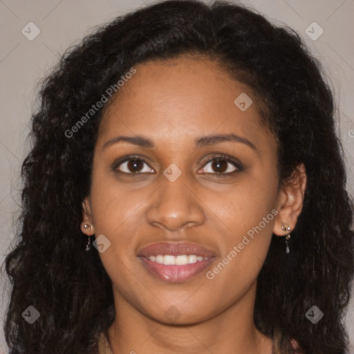 Joyful latino young-adult female with long  brown hair and brown eyes