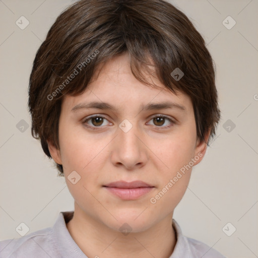 Neutral white young-adult female with medium  brown hair and brown eyes