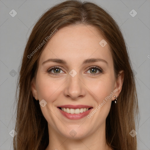 Joyful white young-adult female with long  brown hair and green eyes