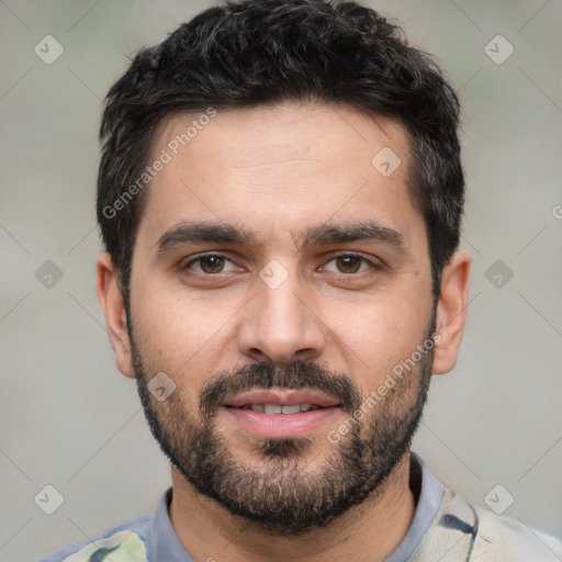 Neutral white young-adult male with short  black hair and brown eyes