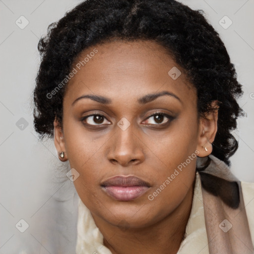 Neutral black young-adult female with short  black hair and brown eyes