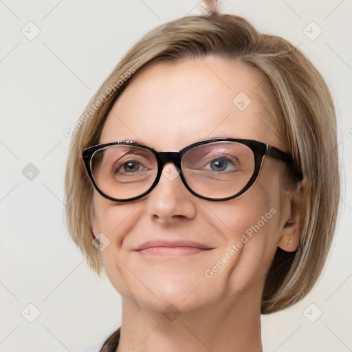 Joyful white adult female with medium  brown hair and blue eyes