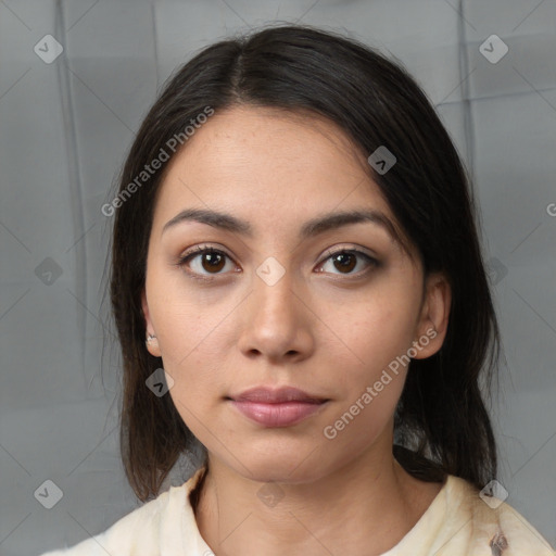 Neutral white young-adult female with medium  brown hair and brown eyes