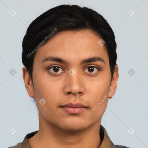 Neutral asian young-adult male with short  black hair and brown eyes