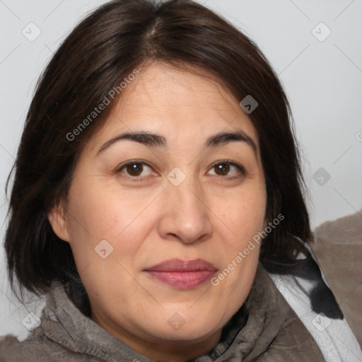 Joyful white adult female with medium  brown hair and brown eyes