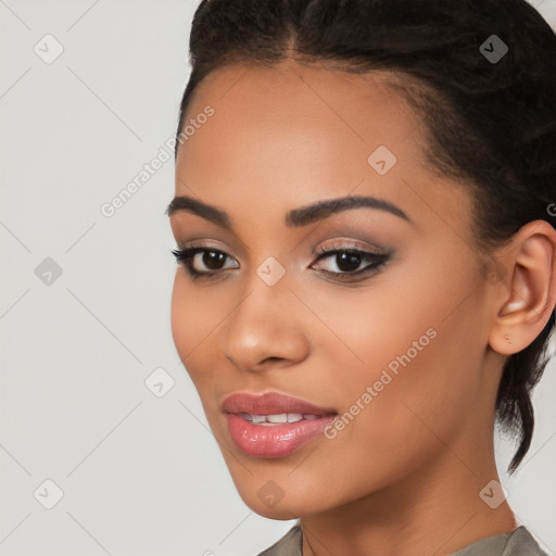 Joyful latino young-adult female with short  brown hair and brown eyes