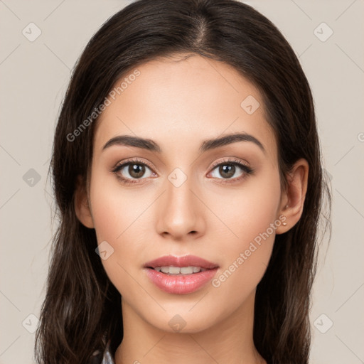 Neutral white young-adult female with long  brown hair and brown eyes