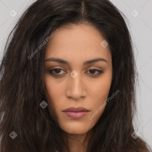 Neutral latino young-adult female with long  brown hair and brown eyes