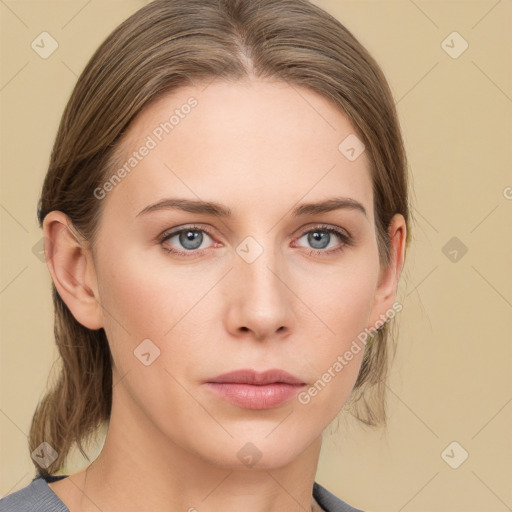 Neutral white young-adult female with medium  brown hair and grey eyes