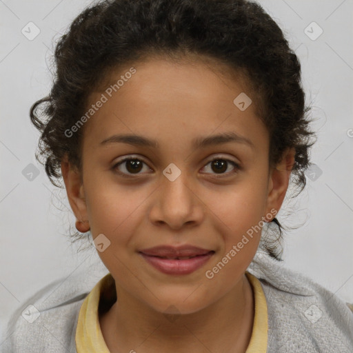 Joyful white child female with short  brown hair and brown eyes