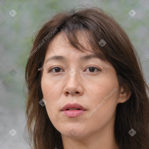 Neutral white young-adult female with medium  brown hair and brown eyes