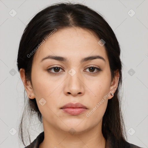 Neutral white young-adult female with medium  brown hair and brown eyes