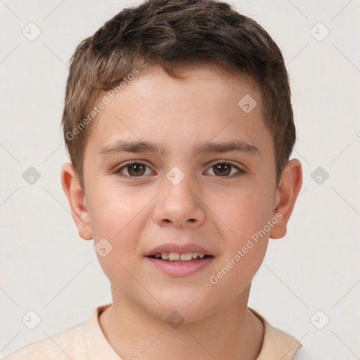 Joyful white child male with short  brown hair and brown eyes